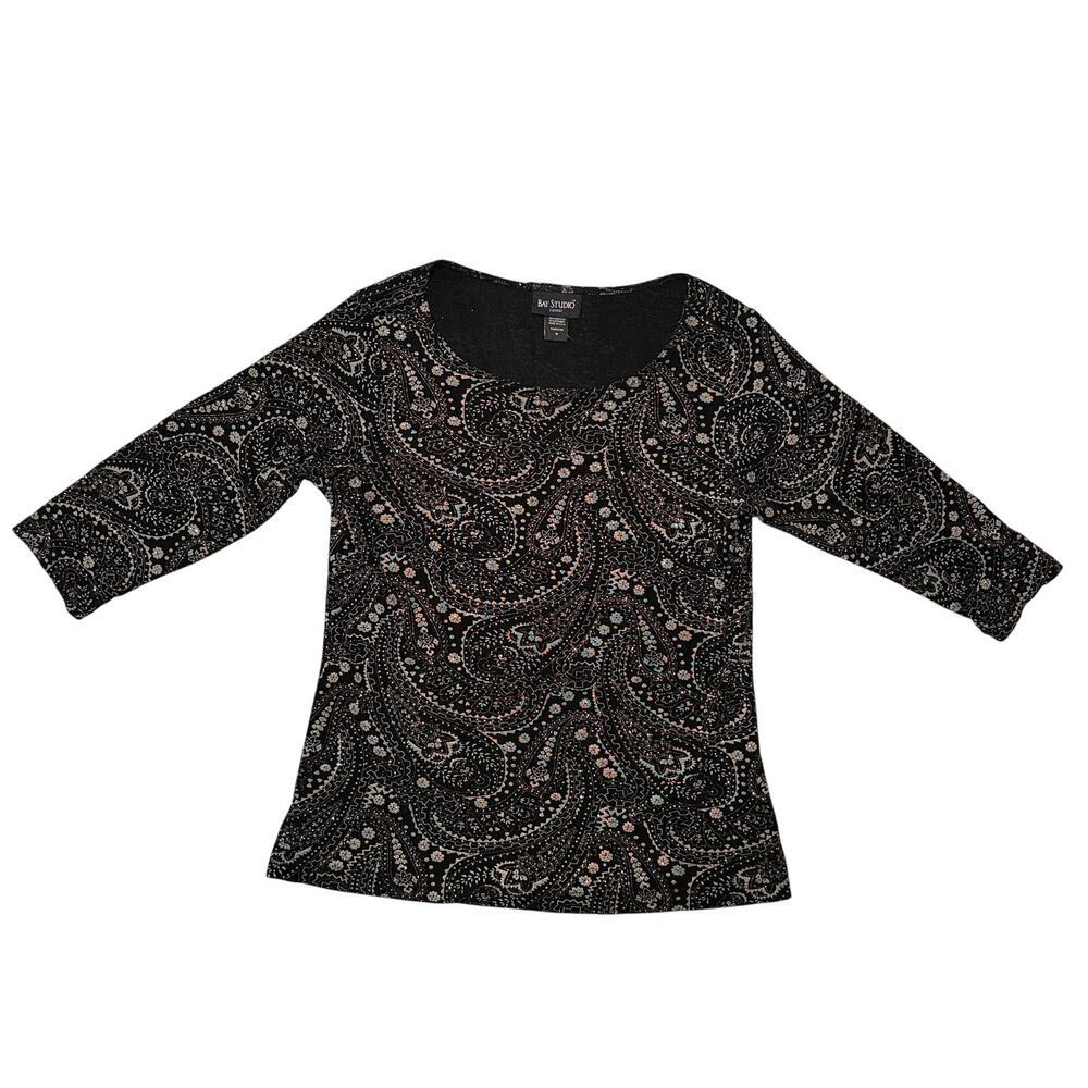 BAY STUDIO Half Sleeve Top M Black Beige Paisley Glitter